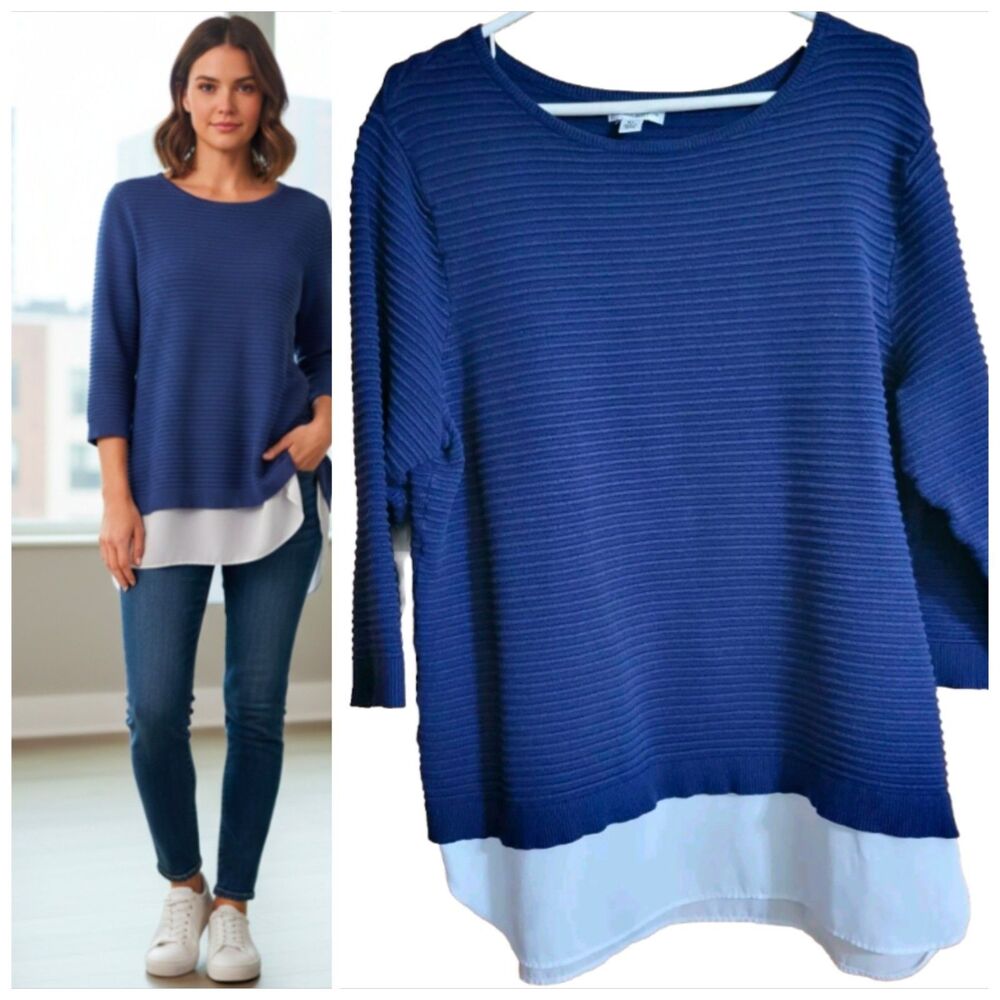 Women's XL Blouse Twofer Navy/White Tower Croft And Barrow